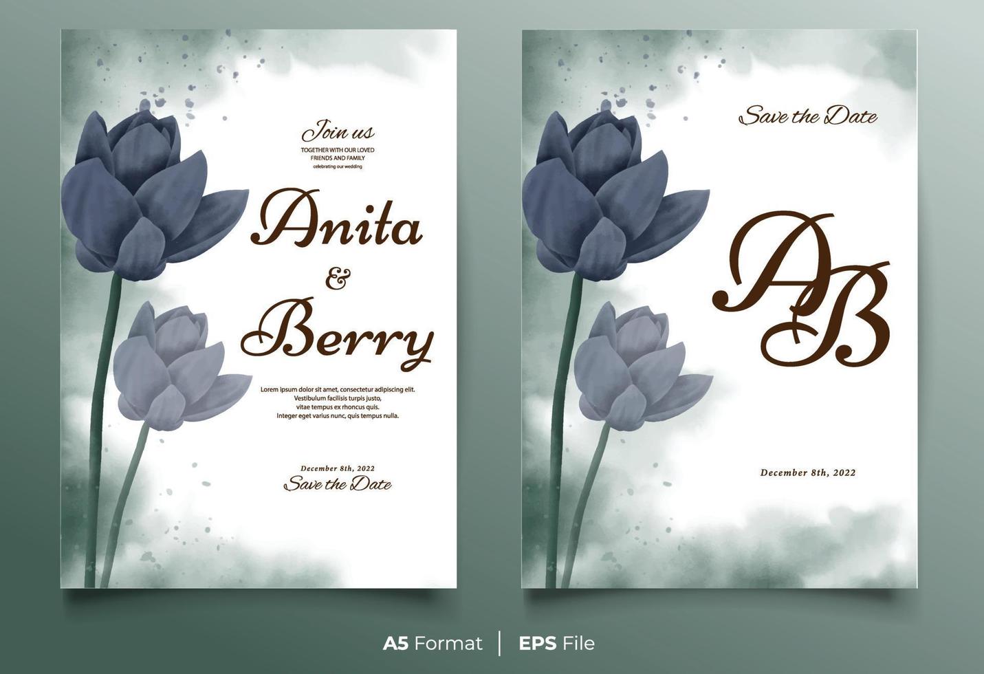 plantilla de invitación de boda de acuarela con adorno de flor negra vector