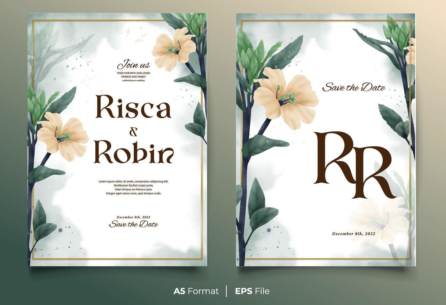 plantilla de invitación de boda de acuarela con adorno de flor de melocotón y verde vector