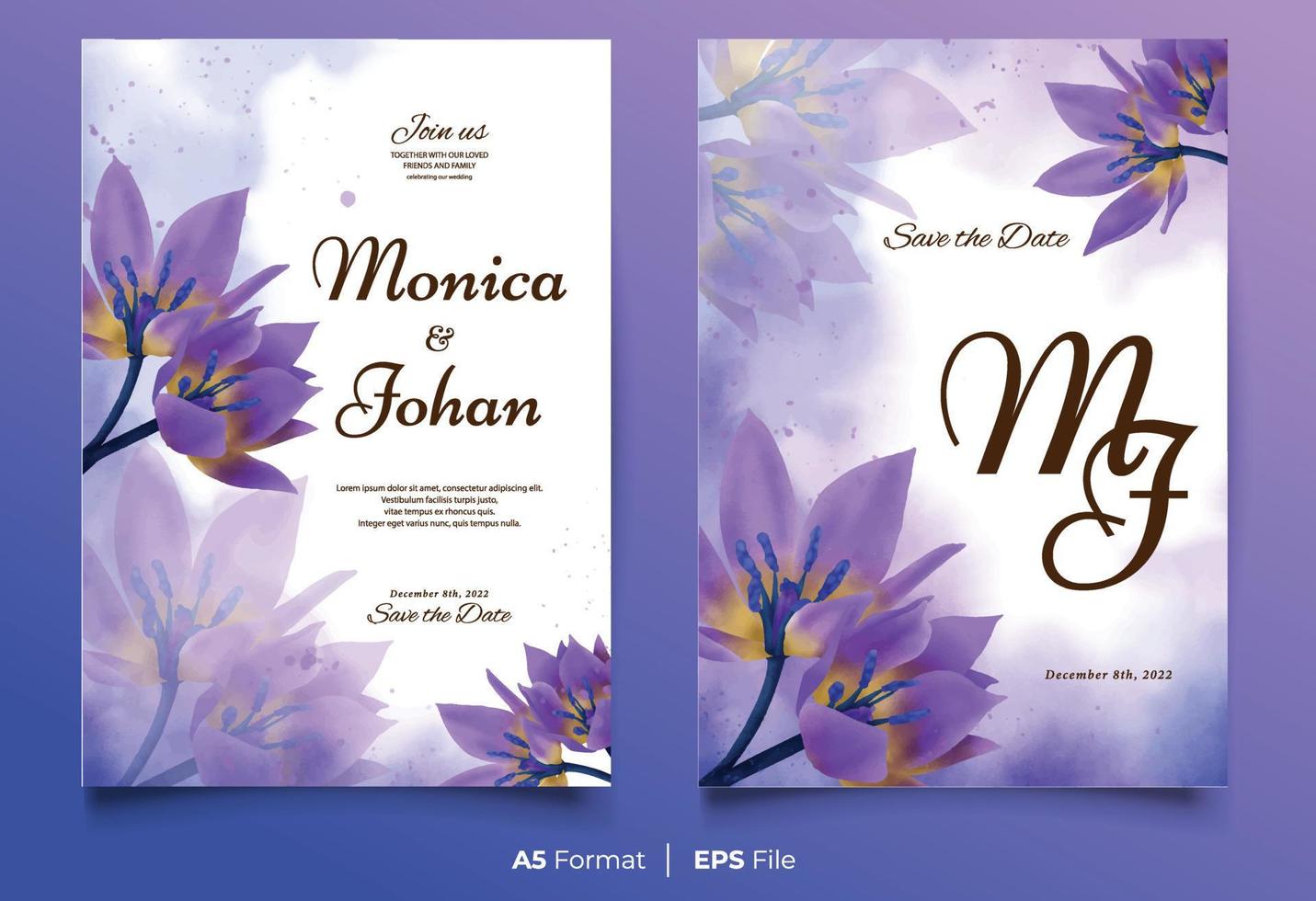 plantilla de invitación de boda de acuarela con adorno de flor morada vector