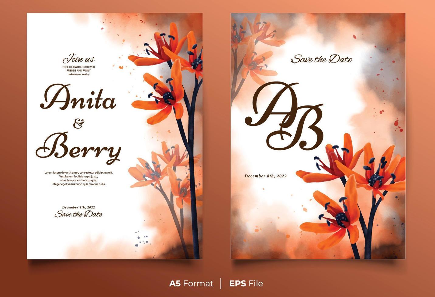 Watercolor wedding invitation template with orange flower ornament vector