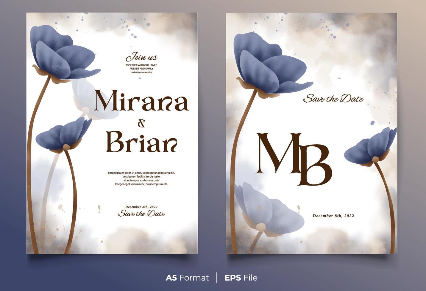 Watercolor wedding invitation template with blue flower ornament vector