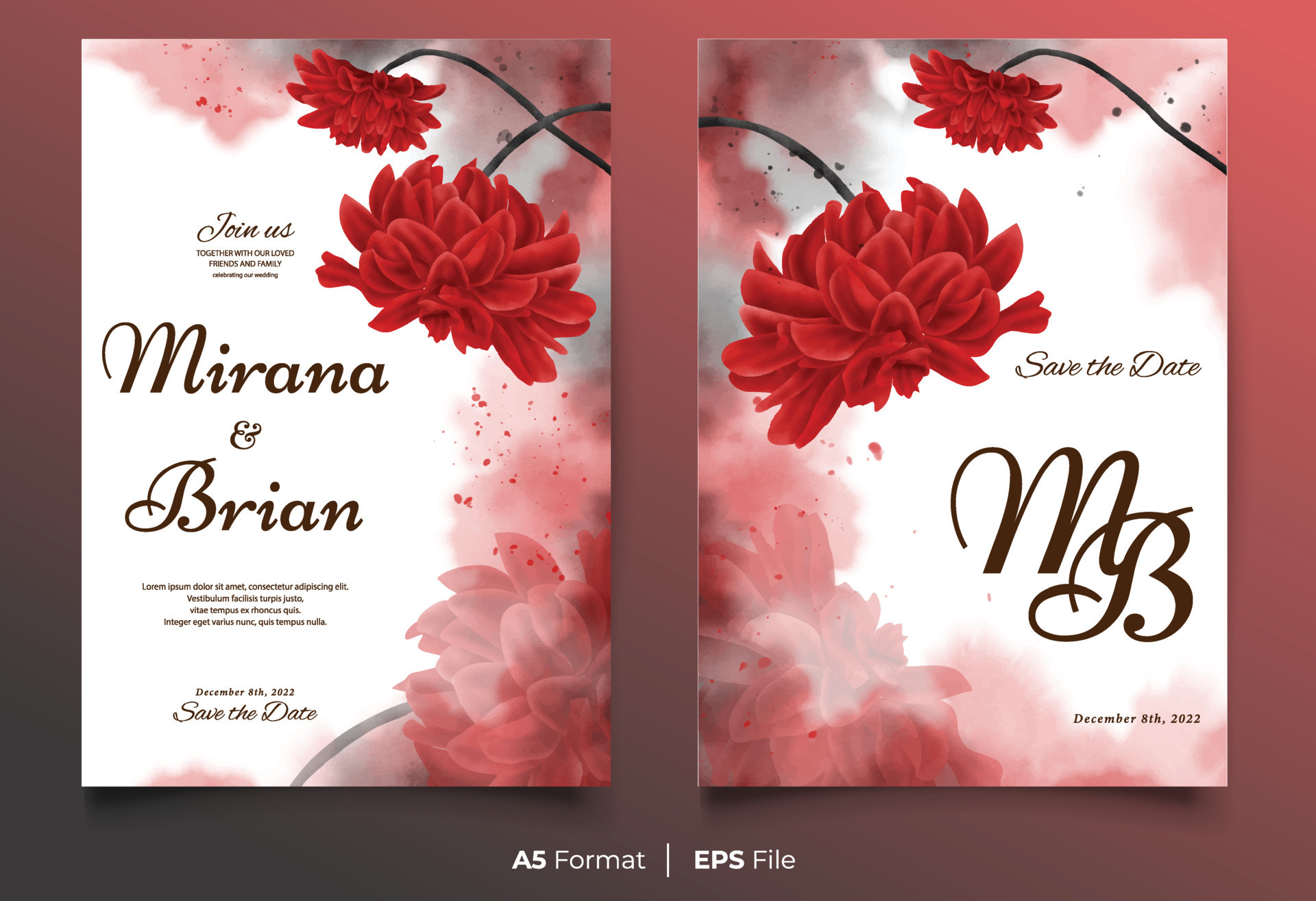 Watercolor wedding invitation template with red flower ornament 7457769