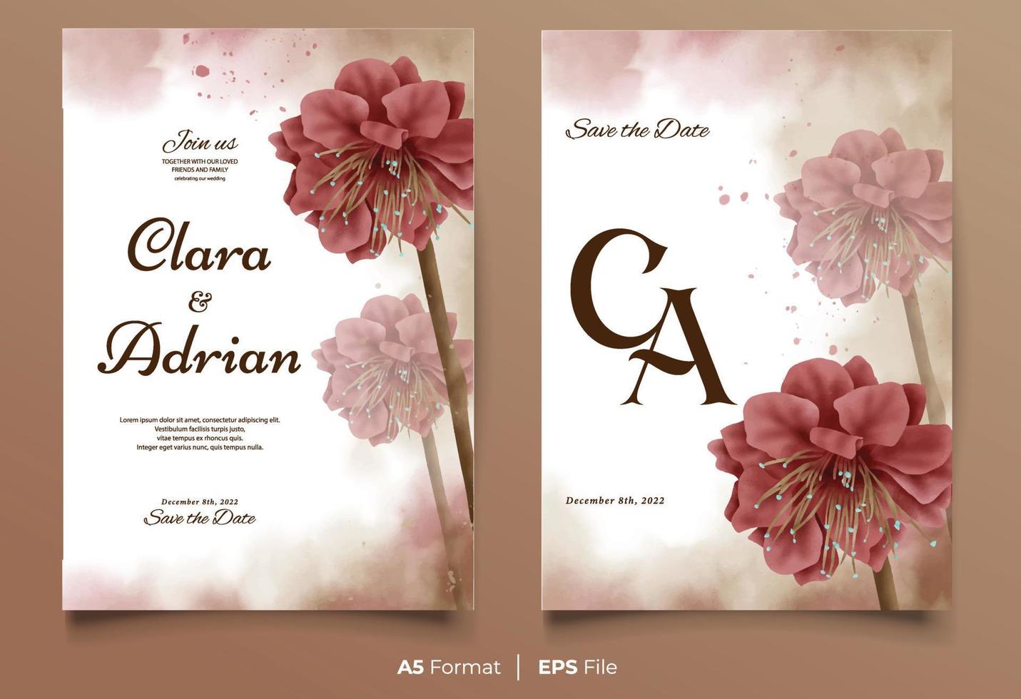 Watercolor wedding invitation template with red flower ornament vector