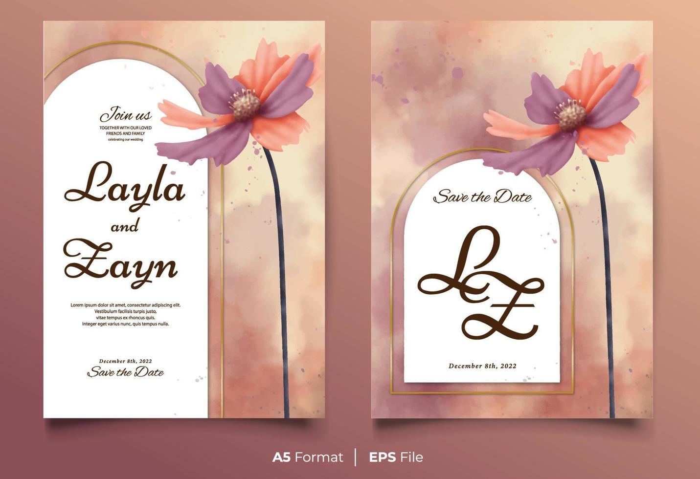 Watercolor wedding invitation template with purple and orange flower ornament vector