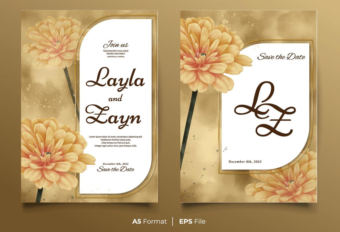 Watercolor wedding invitation template with yellow flower ornament vector