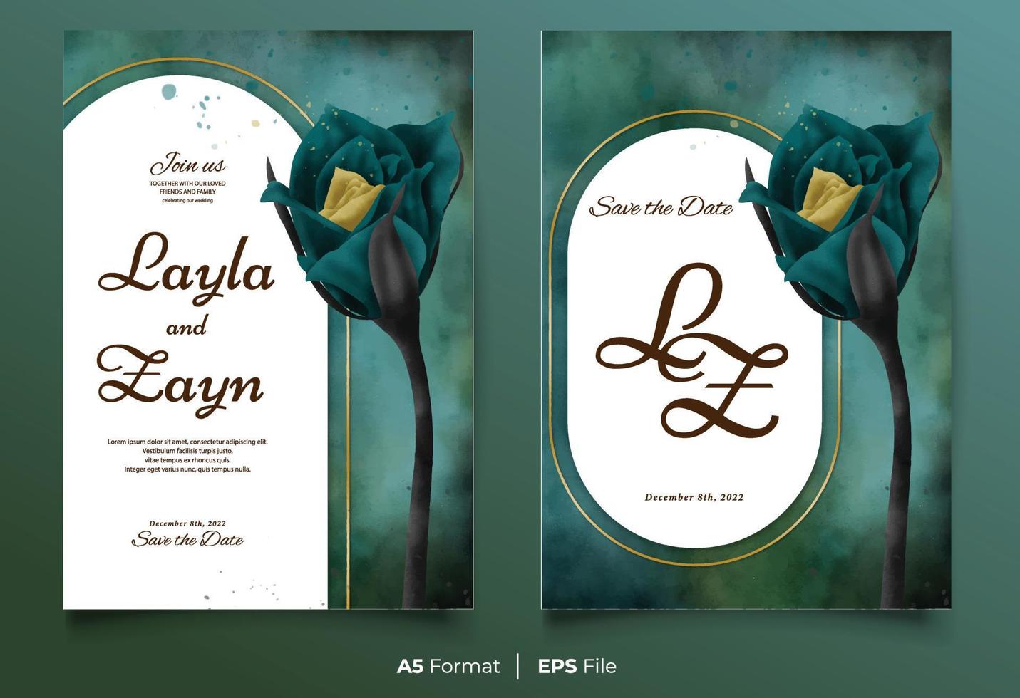 Watercolor wedding invitation template with green and yellow flower ornament vector