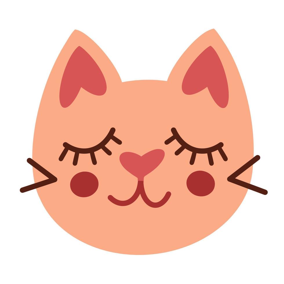 Vector illustration of a cute cat face. Pink muzzle of a cat with closed eyes and a smile. Hand-drawn romantic cat, flat style. Isolated icon on white background.