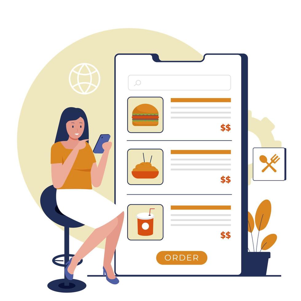 woman ordering food online via apps vector