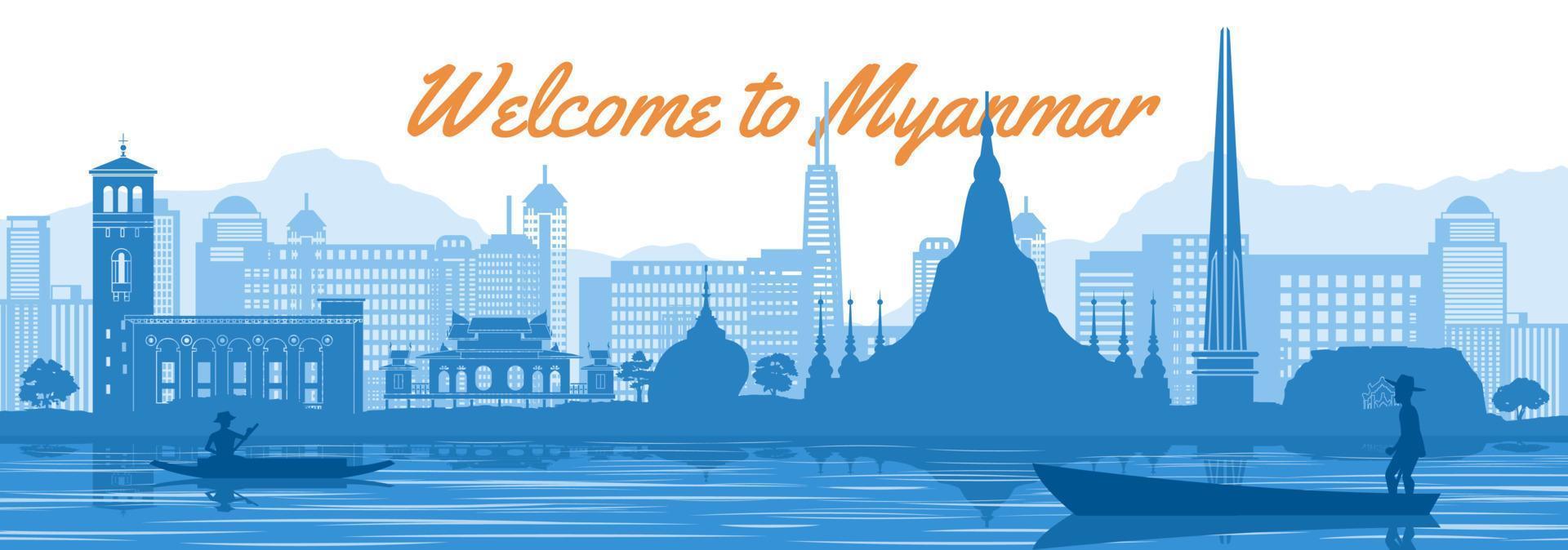 estilo de silueta de hito famoso de myanmar detrás del río y el barco y frente a las torres vector