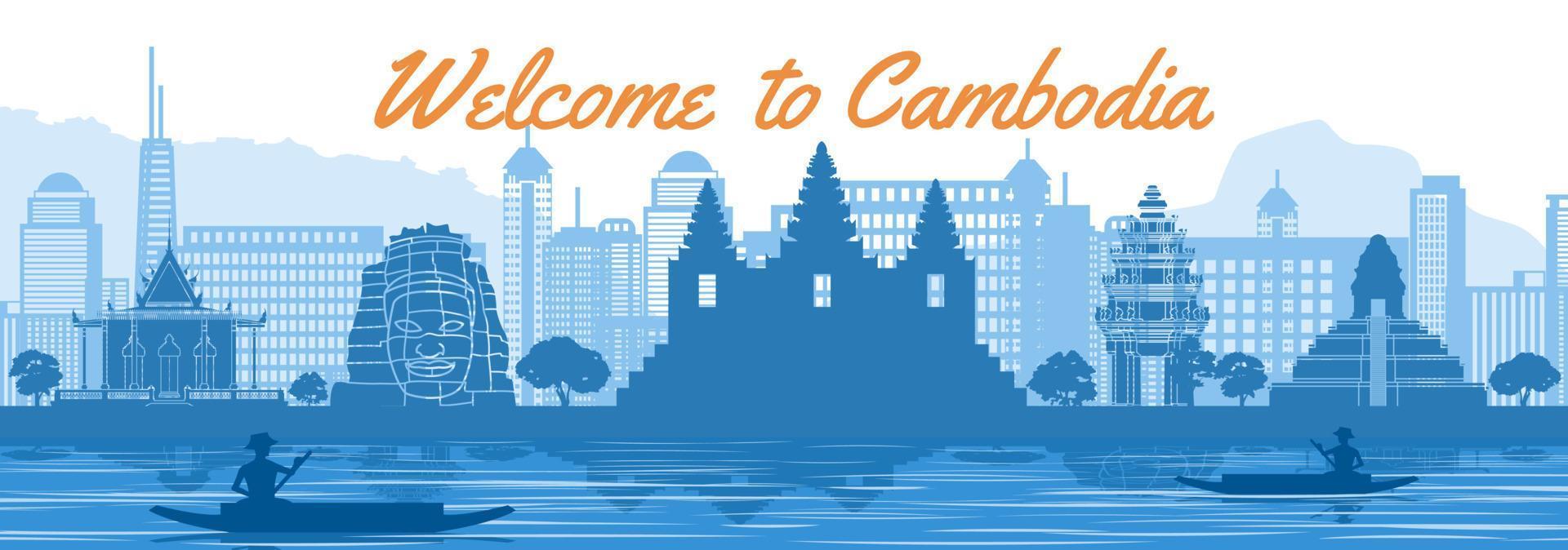 Cambodia famous landmark silhouette style behind river and boat and in front of towers vector