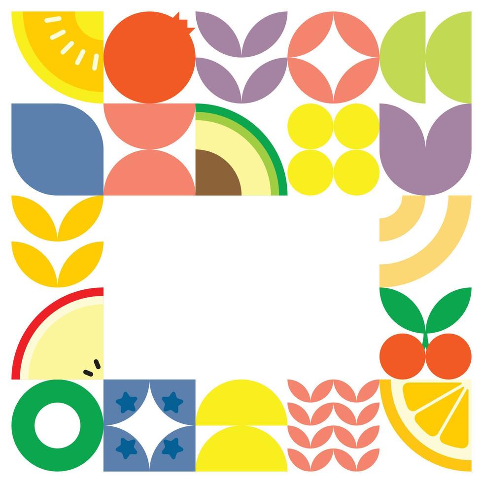 Geometric summer fresh fruit cut artwork poster with colorful simple shapes. Scandinavian styled flat abstract vector pattern design. Minimalist illustration of fruits and leaves on white background.