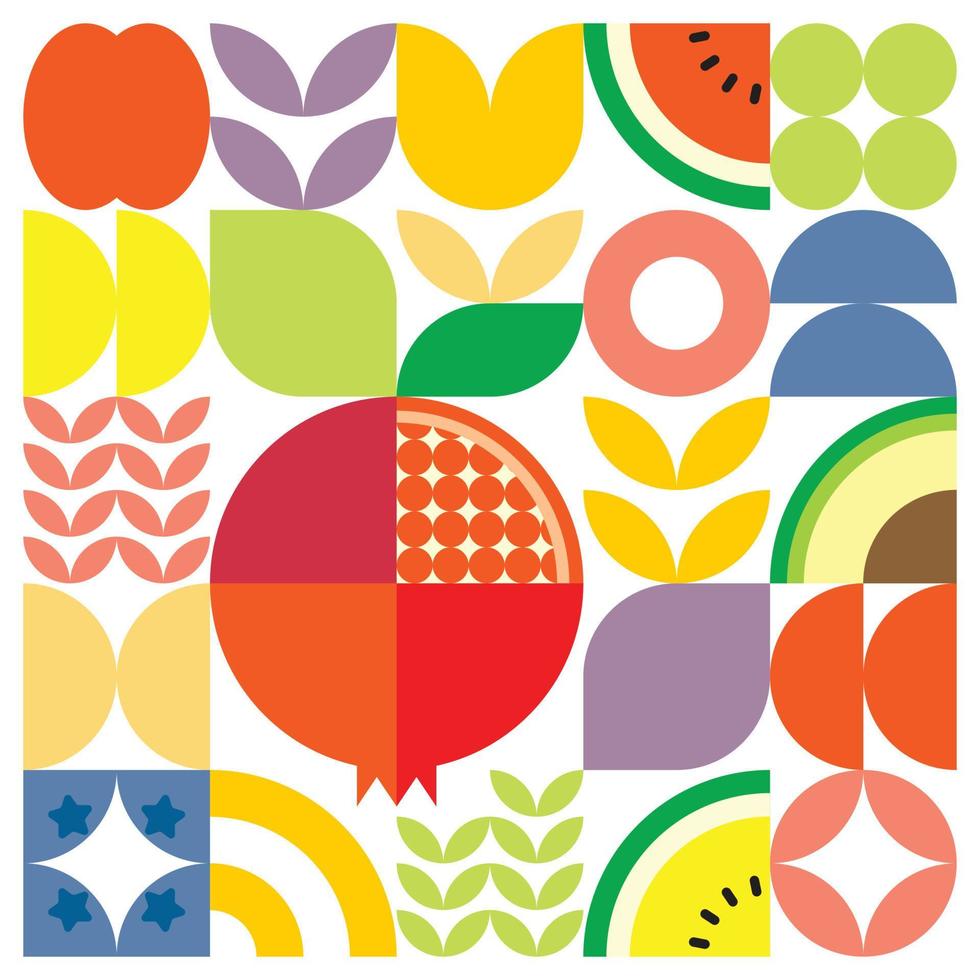 Afiche geométrico de obras de arte de frutas frescas de verano con formas simples y coloridas. diseño de patrón de vector abstracto plano en estilo escandinavo. ilustración minimalista de una granada roja sobre un fondo blanco.