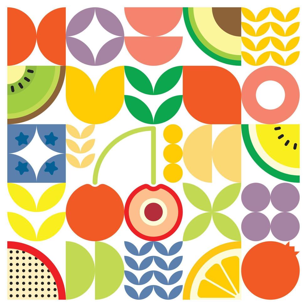 Geometric summer fresh fruit cut artwork poster with colorful simple shapes. Scandinavian style flat abstract vector pattern design. Minimalist illustration of a red cherry on a white background.