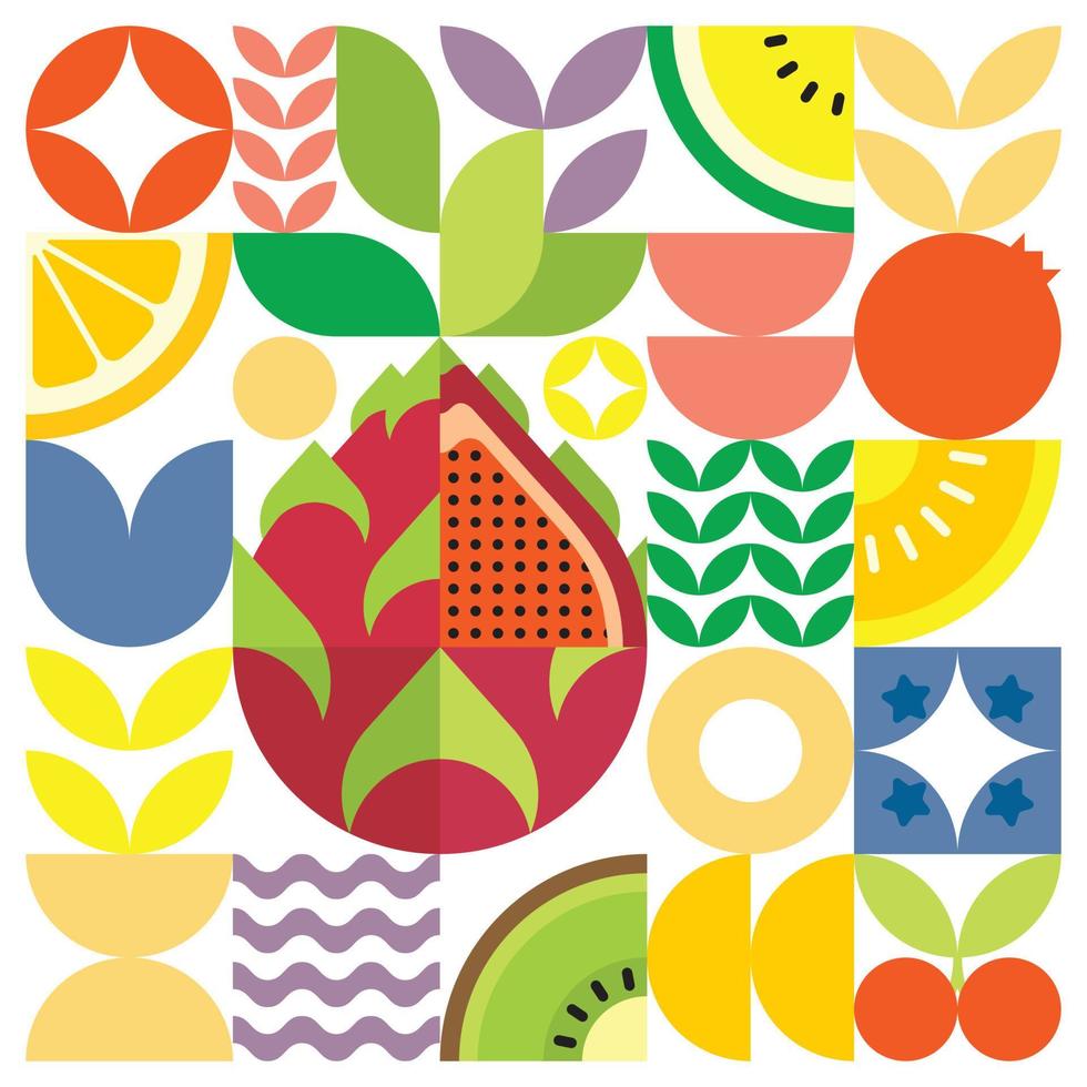 Geometric summer fresh fruit artwork poster with colorful simple shapes. Scandinavian style flat abstract vector pattern design. Minimalist illustration of a red dragon fruit on a white background.