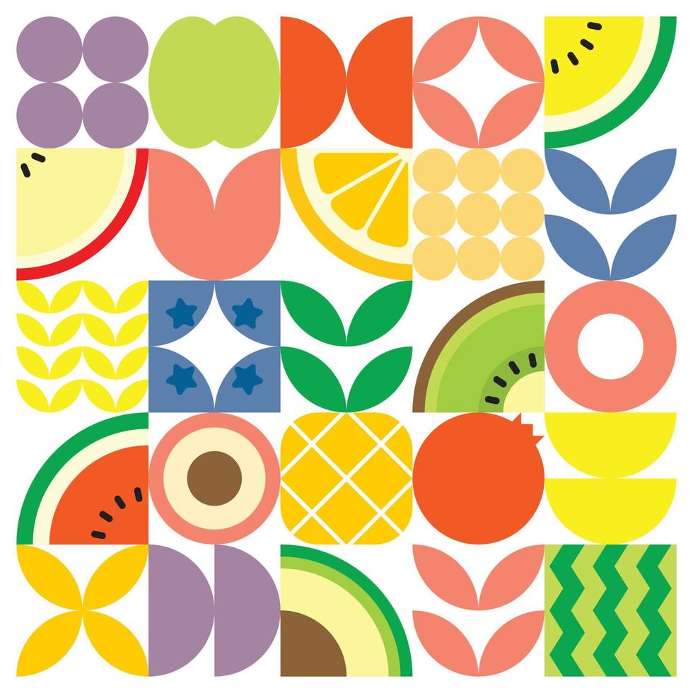 Geometric summer fresh fruit cut artwork poster with colorful simple shapes. Scandinavian styled flat abstract vector pattern design. Minimalist illustration of fruits and leaves on white background.