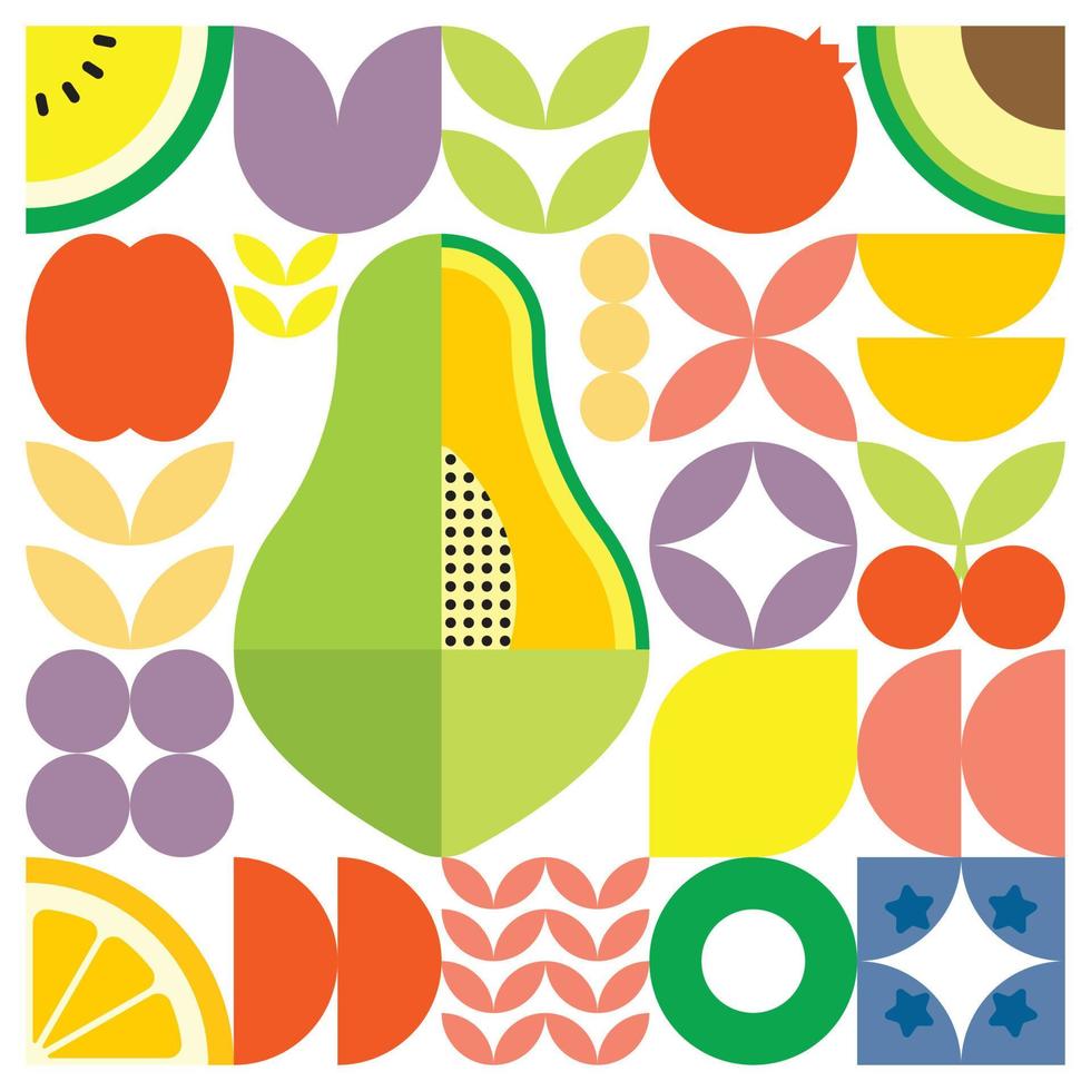 cartel geométrico de verano con frutas frescas cortadas con formas simples y coloridas. diseño de patrón de vector abstracto plano de estilo escandinavo. ilustración minimalista de una papaya verde sobre un fondo blanco.