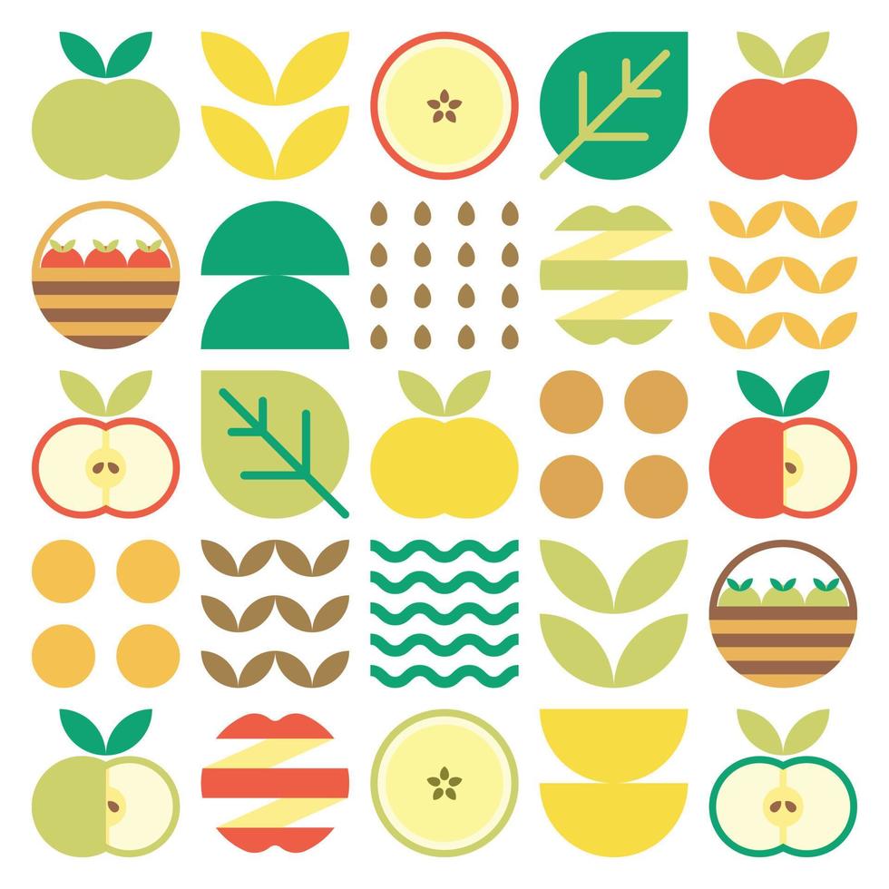 Apple icon abstract artwork. Design illustration of colorful apple pattern, leaves, and geometric symbols in minimalist style. Whole fruit, cut and split. Simple flat vector on a white background.