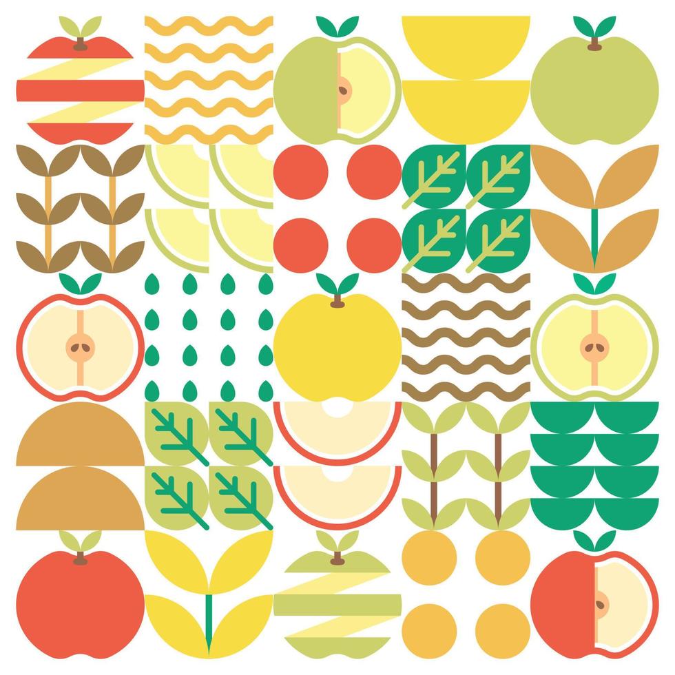 Apple icon abstract artwork. Design illustration of colorful apple pattern, leaves, and geometric symbols in minimalist style. Whole fruit, cut and split. Simple flat vector on a white background.