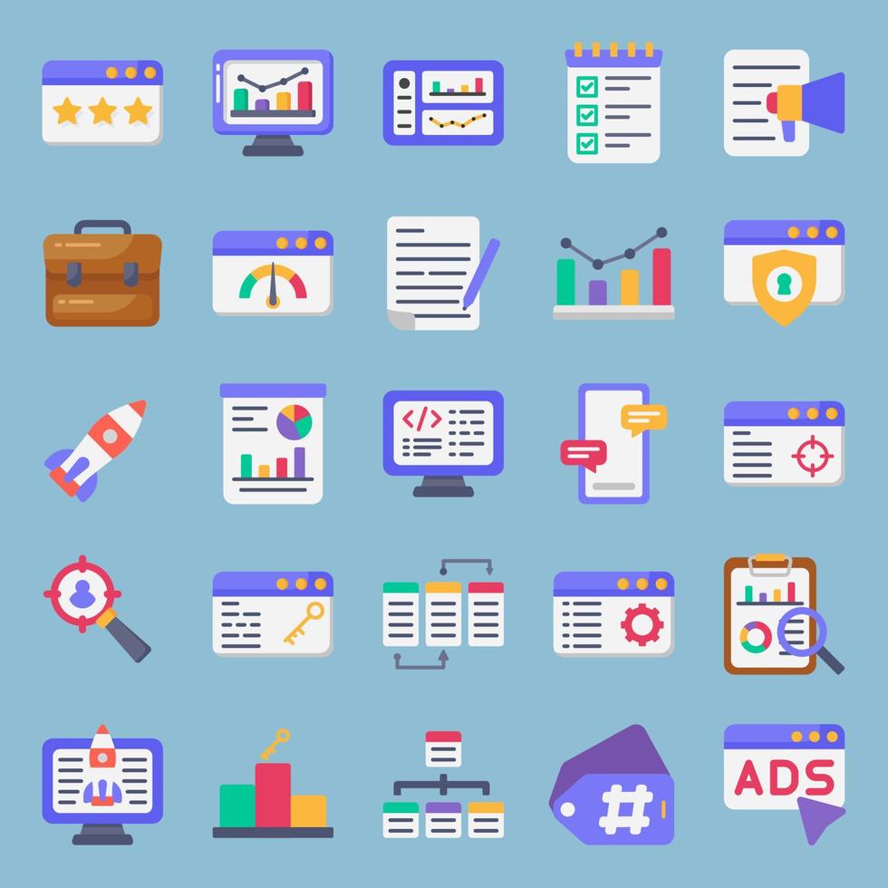 conjunto de iconos de web plana - seo, optimización de motores de búsqueda. iconos coloridos con estilo. vector