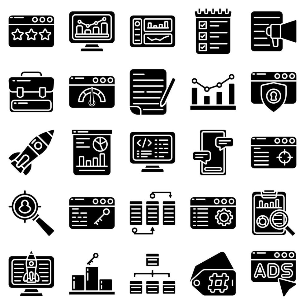 Glyph web icons set - seo, search engine optimization, marketing. Line web icons collection. Special filled icons style. vector