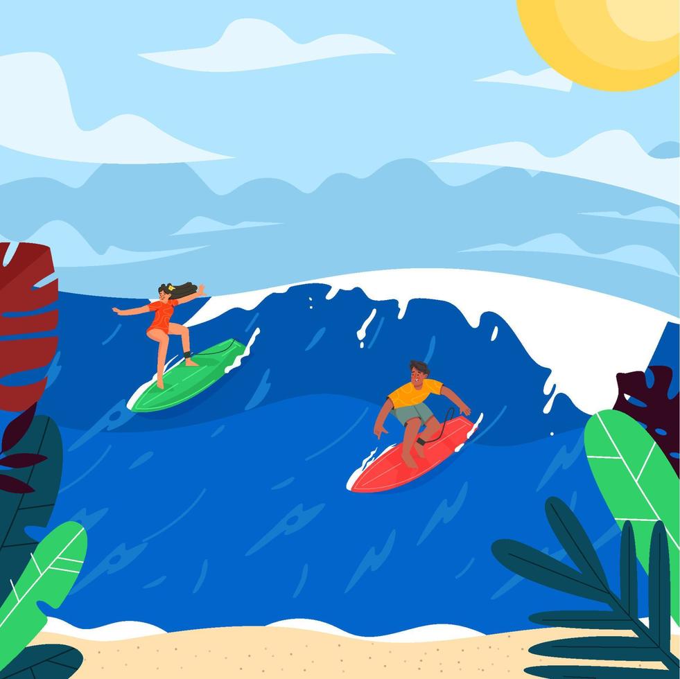 Man And Woman Surf On The Beach Concept vector