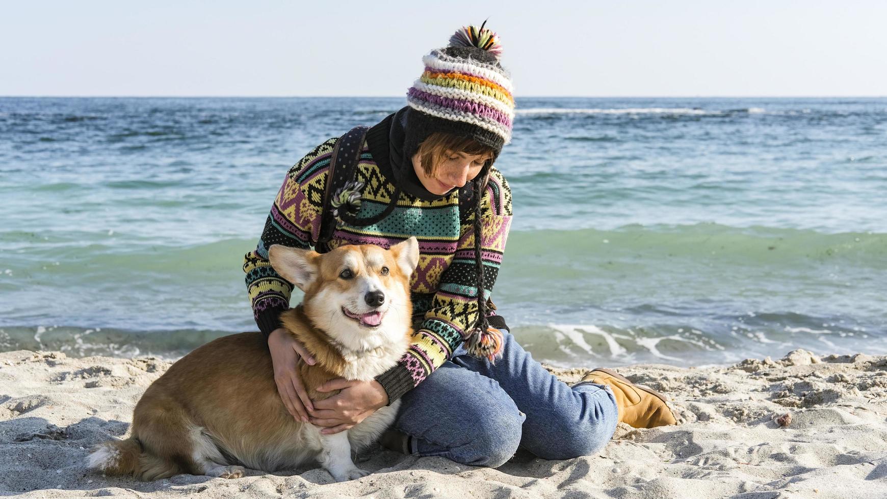 Young happy female walk with cute corgi dog on the autumn sunny beach photo