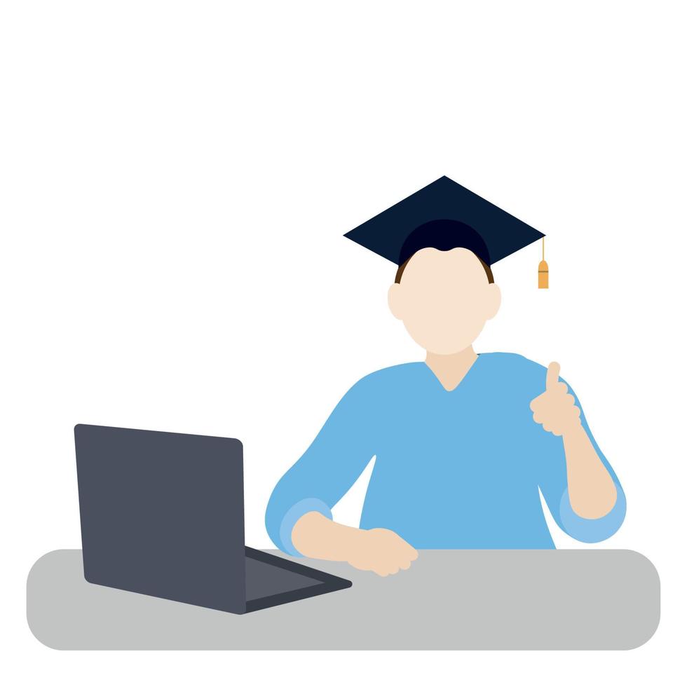 Portrait of a student in a graduation cap with a laptop, vector, isolated on white background, faceless illustration, happy student vector