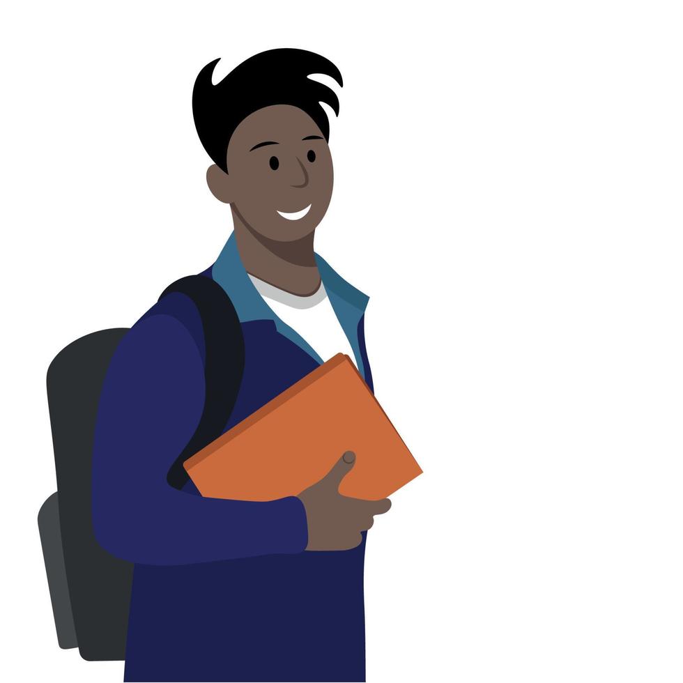 Black student portrait with books in hand, isolated on white, flat vector, happy student vector