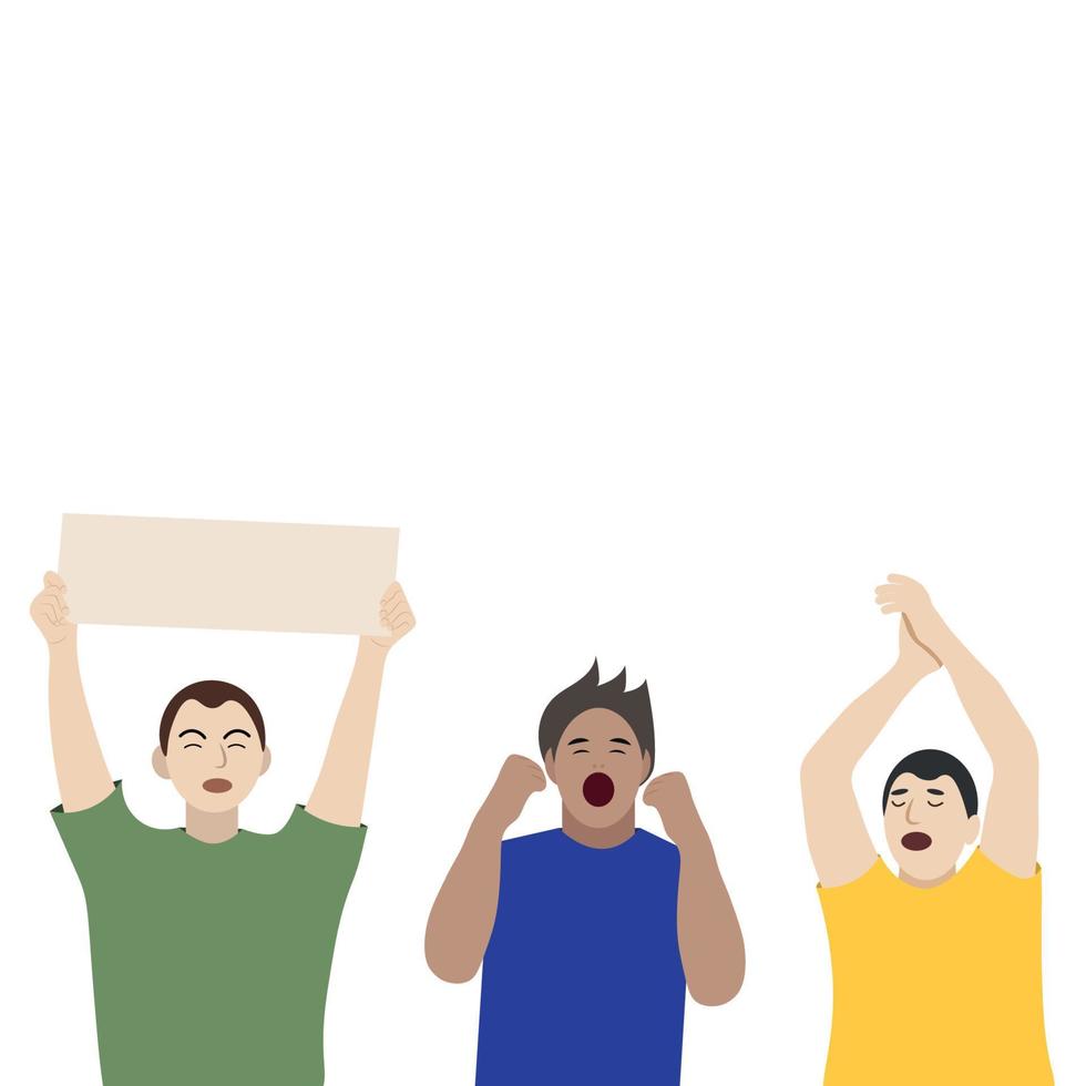 People with hands up, football fans, protesting civilians, flat vector on white background