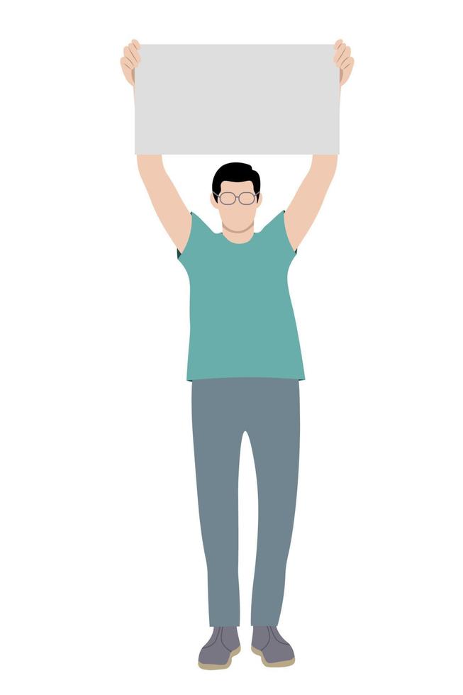 Portrait of a guy who raised a poster over his head, flat vector on a white background, faceless illustration
