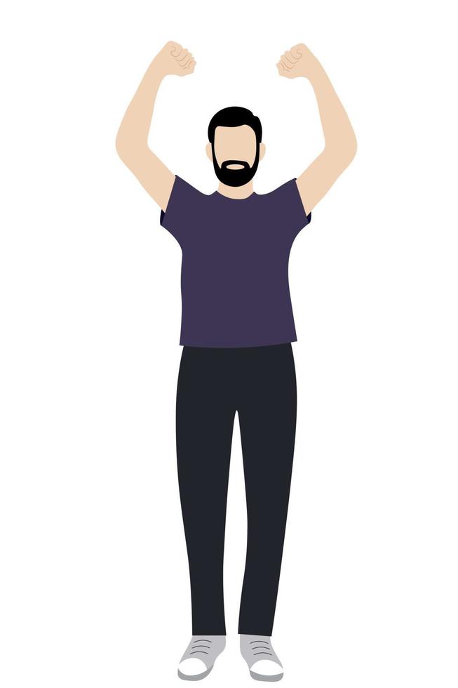 Portrait of a bearded guy with arms raised above his head, flat vector on white background, faceless illustration