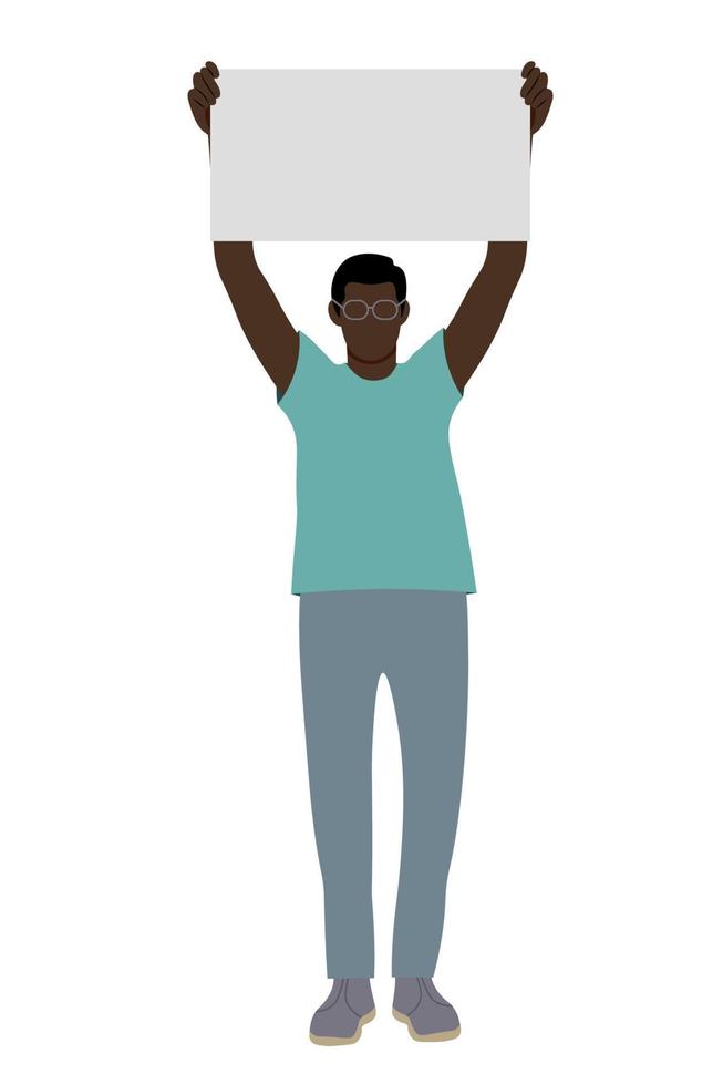 Portrait of a dark-skinned guy who raised a poster over his head, flat vector on a white background, faceless illustration