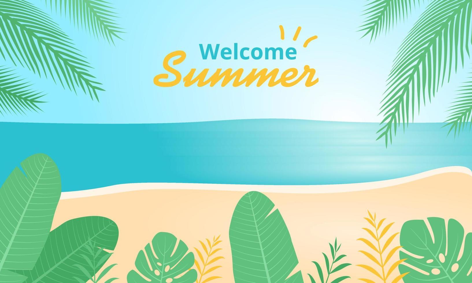 Welcome summer beach background. Topical seashore landscape vector illustration