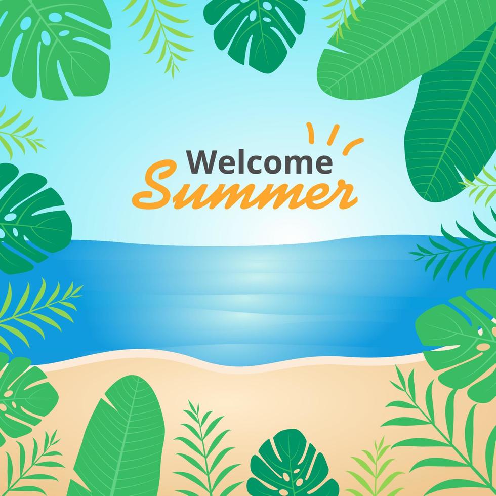 Bienvenido a la pancarta cuadrada de saludo de verano. fondo de playa y ilustración floral vector