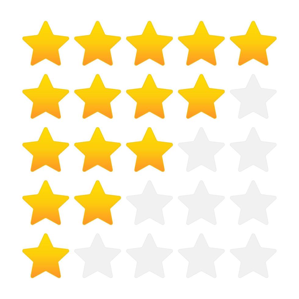 Gold five stars costumer rating and review icon vector set