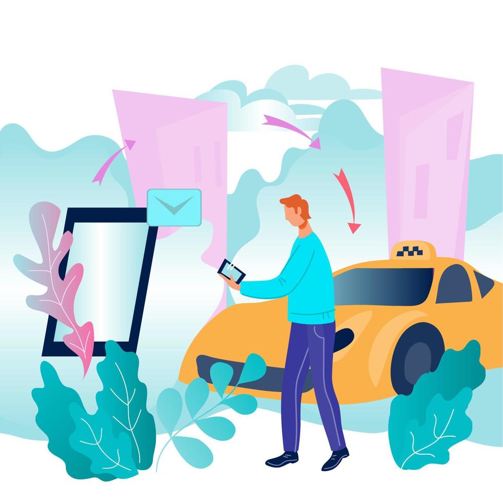 Process of booking taxi via mobile app flat vector illustration. Passengers car transportation online services background with man cartoon character using phone for cab ordering.