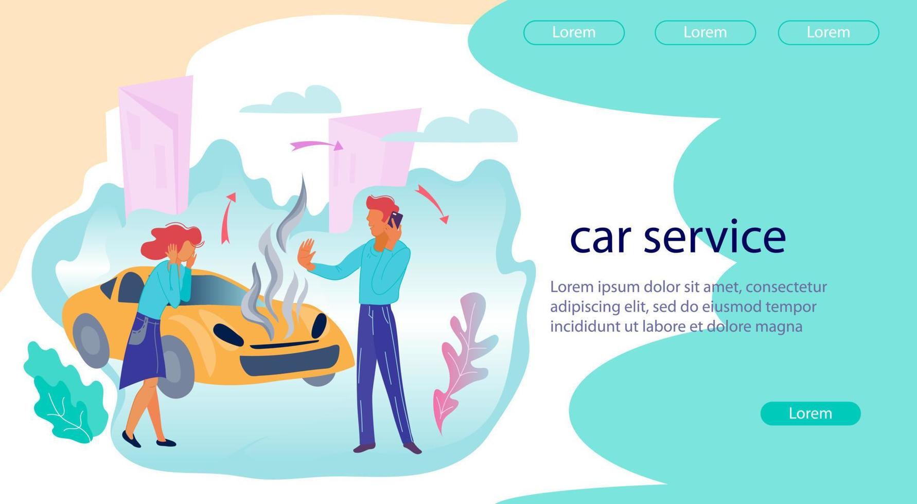 Car repair services and workshop online application interface or web banner template with cartoon people characters. Vehicle workshop, auto evacuator and help on road. Flat vector illustration.