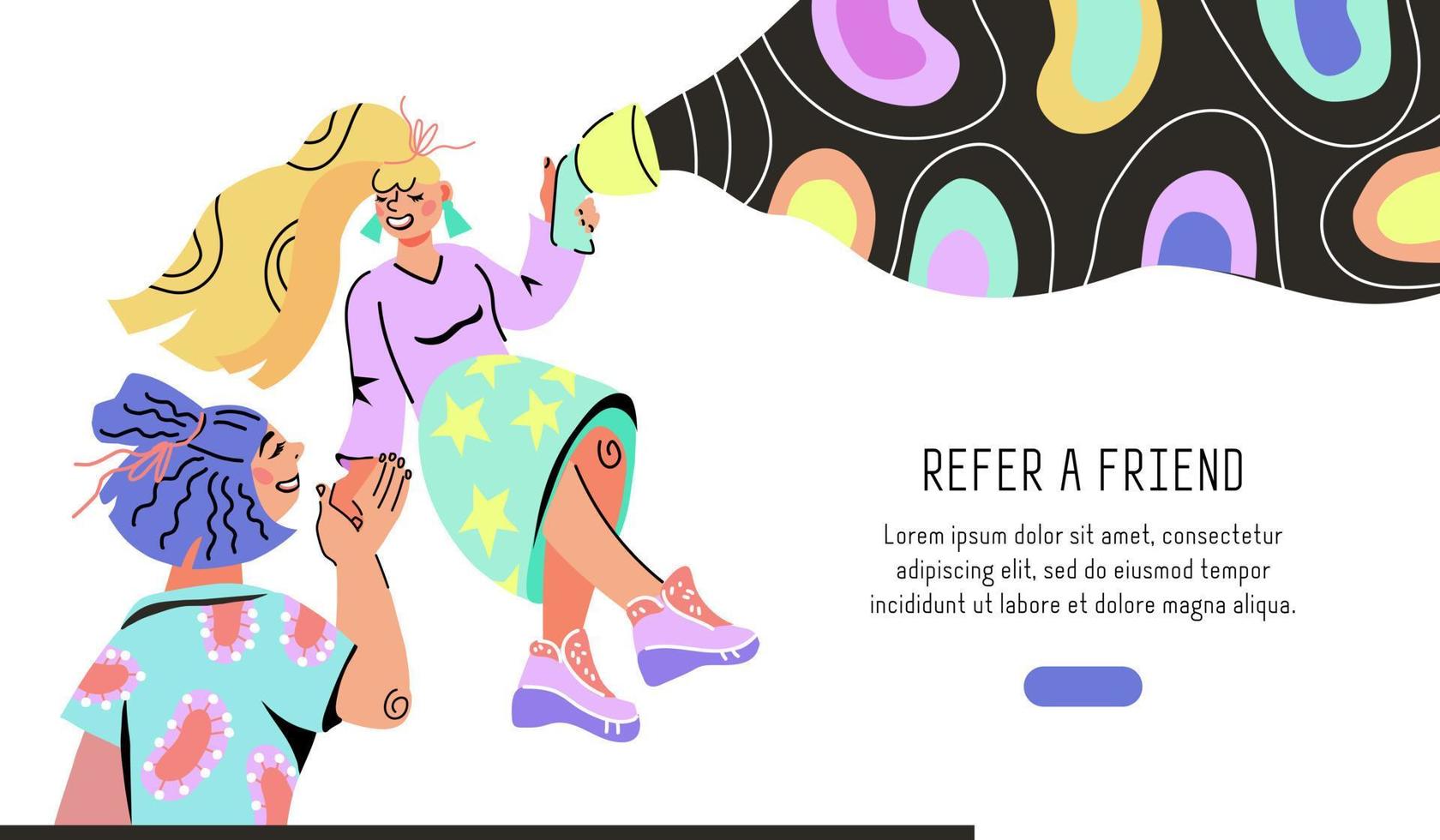 Refer a friend landing page or web banner template with two friends cartoon characters. Referral program for business marketing promotion. Customers recommendation, feedback. Flat vector illustration.