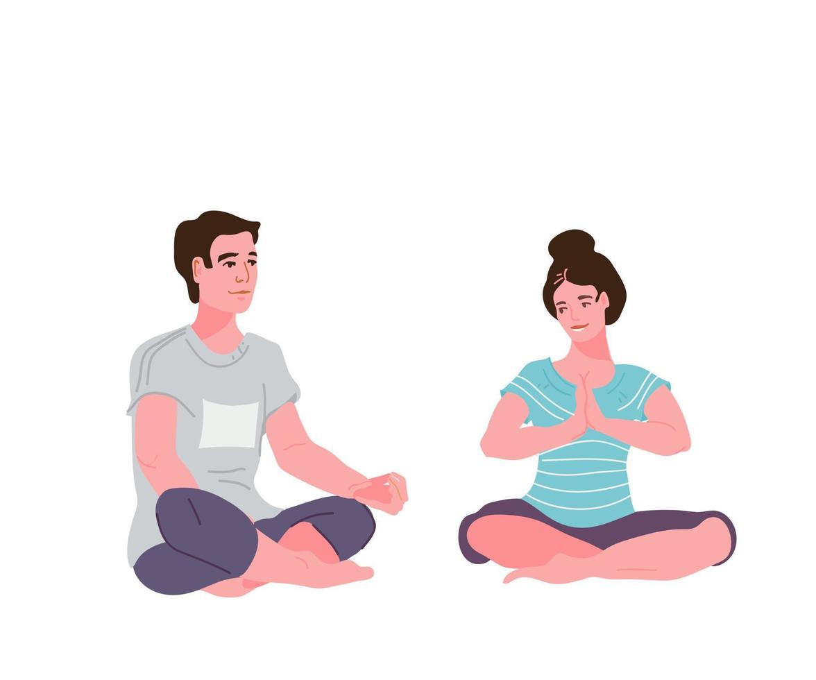 A couple of young people, man and woman practice yoga and sitting in the meditative relaxing pose. The concept of activity and a healthy lifestyle flat vector illustration isolated on white background