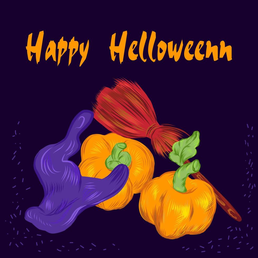 Happy Halloween greeting card template with witches hat, broom and pumpkins, vector illustration isolated on dark blue background. Autumn holidays invitation and banner.