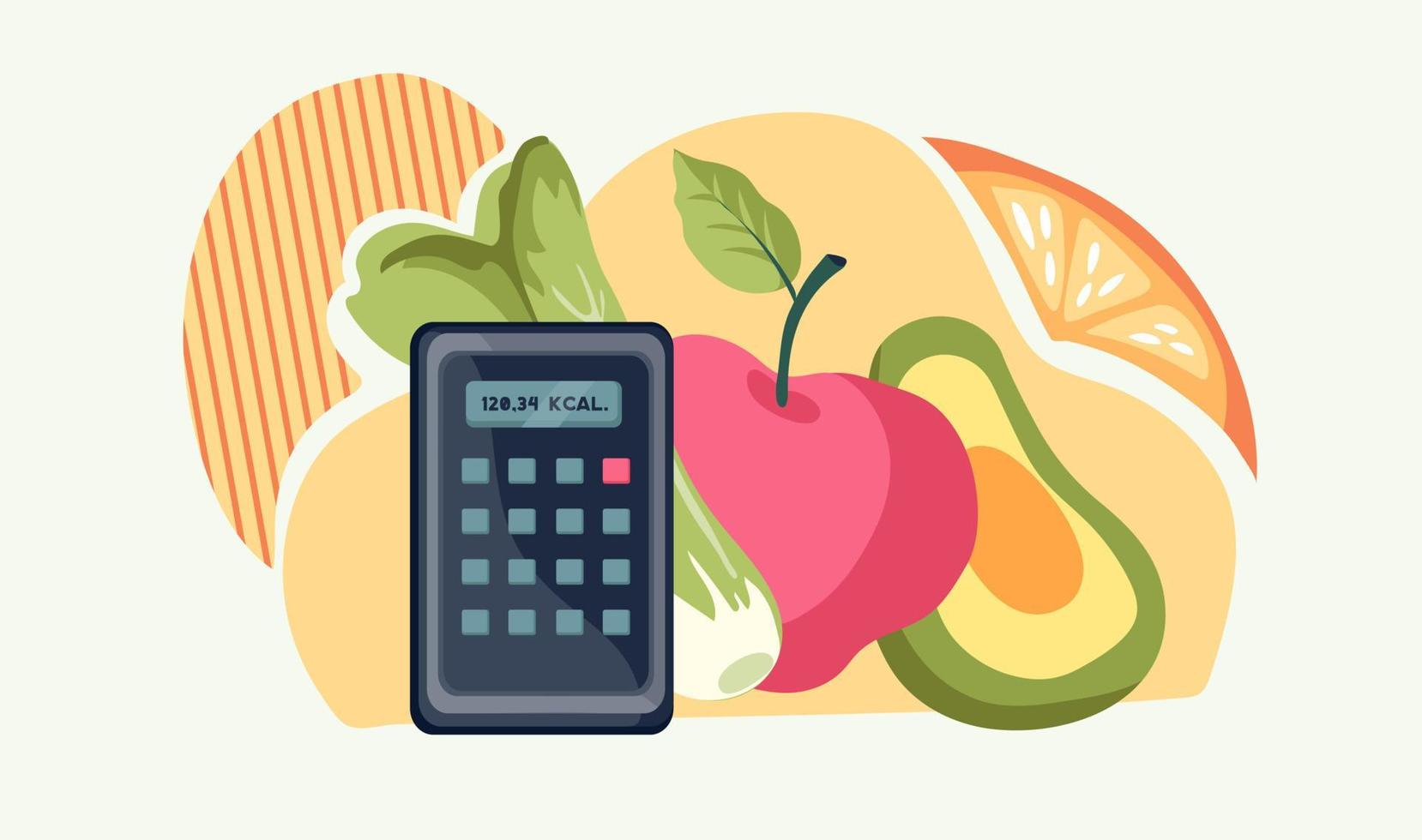 Healthy dieting banner template with with food icons and Calculator for Calories Counting. Nutrition plan for weight control, slimming and health. Flat vector Illustration.