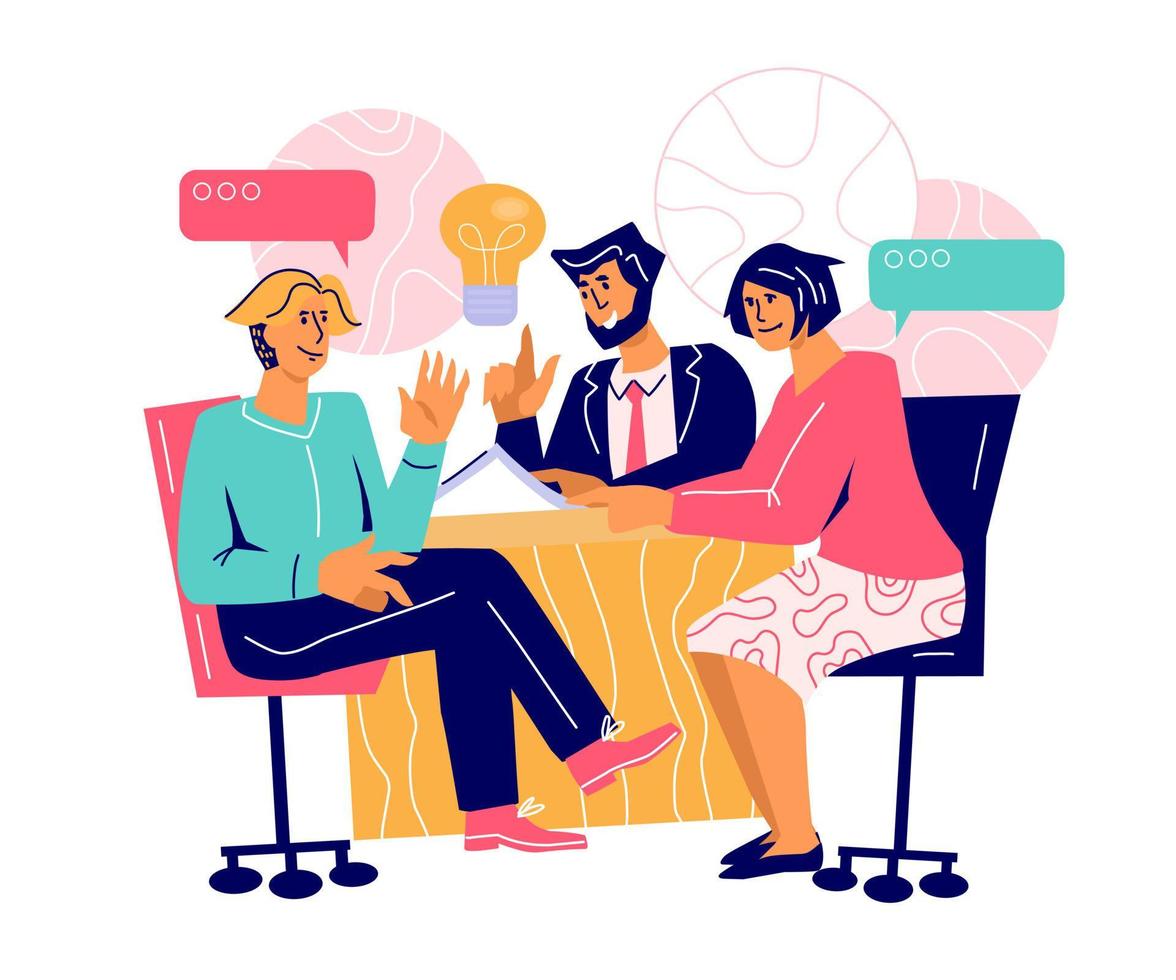 Business or brainstorming meeting with people cartoon characters sit at table and sharing ideas. Discussion business development strategy, partnership and collaboration. FLat vector illustration.