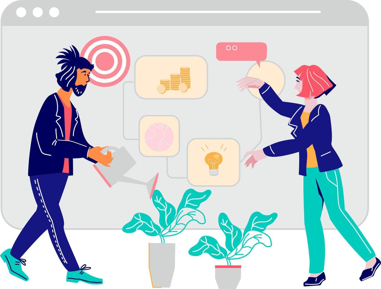 Business growth and online commerce banner with business people characters and screen. Profitable investments and successful business development strategy, flat cartoon vector illustration isolated.