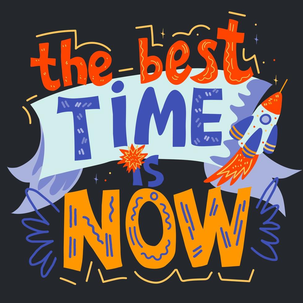 The best time is now  inspirational saying or slogan banner in hand drawn lettering style, vector illustration. Motivational caligraphic quote, wise phrase for prints and cards.