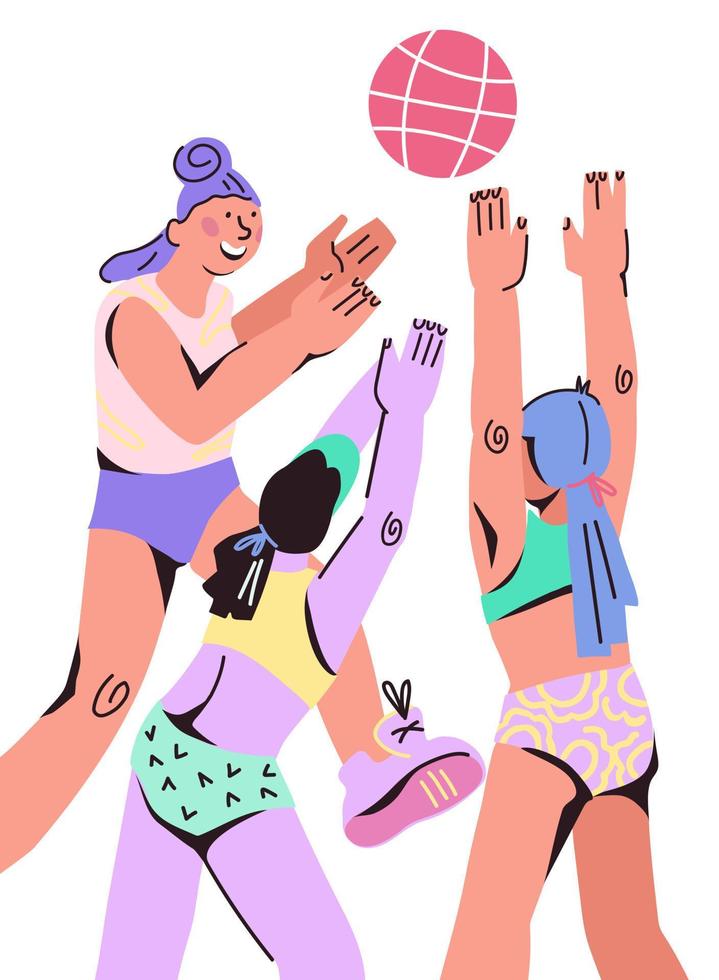 jugadoras de voleibol de playa o baloncesto de mujeres en estilo de dibujos animados de moda. competencia deportiva y actividad de verano con personajes de dibujos animados de chicas jugando con pelota. ilustración vectorial plana aislada. vector