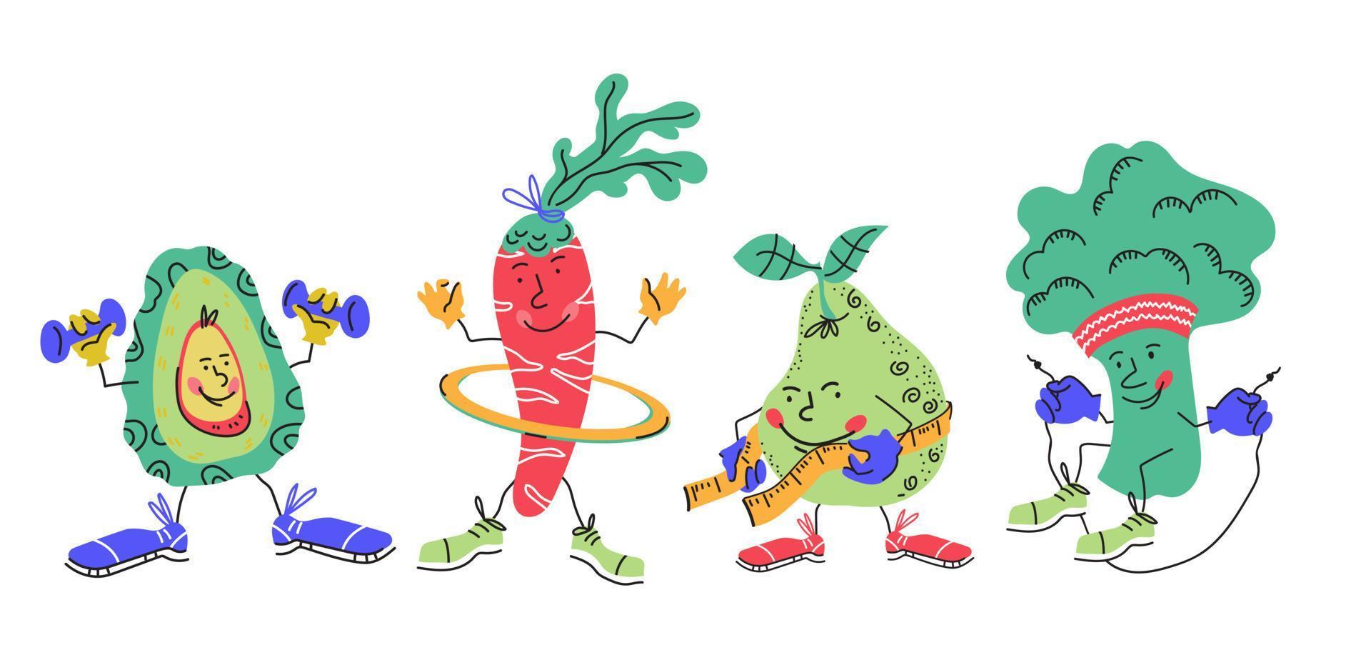 verduras y frutas deportivas - personajes de dibujos animados de aguacate,  zanahoria, pera y brócoli haciendo ejercicios de entrenamiento, ilustración  vectorial aislada. fitness y estilo de vida saludable, dieta y deportes.  7458554