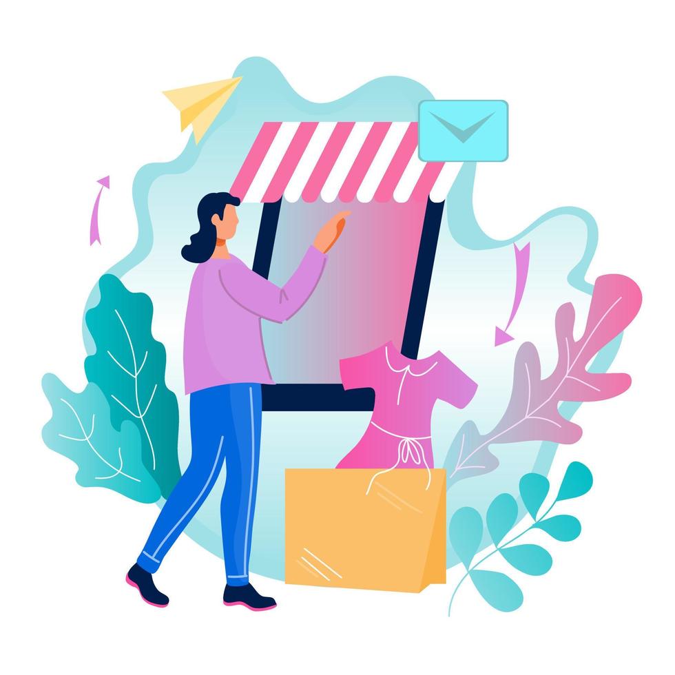 Online order and advanced smart internet technology for business retail concept with woman choosing goods in mobile phone application, flat vector illustration isolated. Intelligent urban environment.