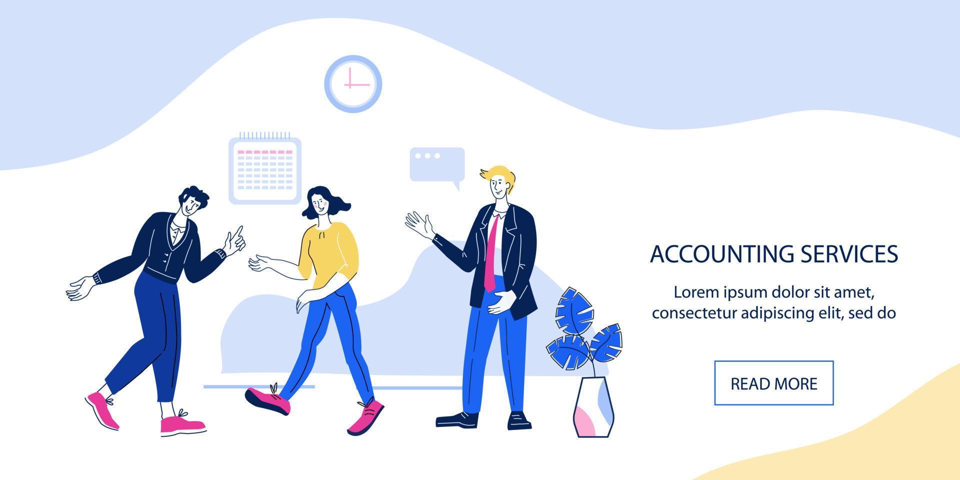 Company accounting and planning corporate business services banner. Business people characters offering financial analytics and accountancy, marketing research, flat vector illustration.
