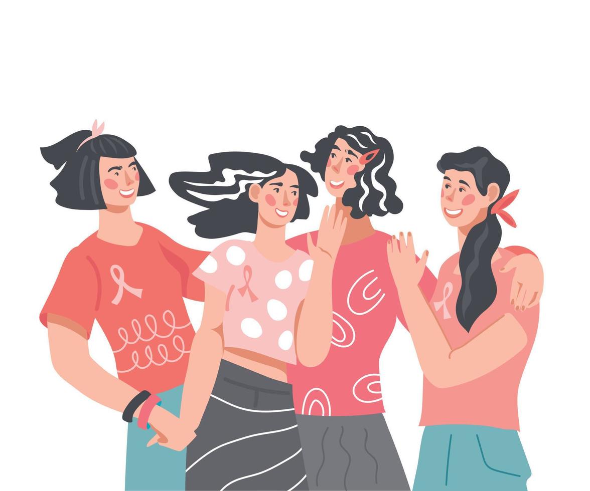 Breast Cancer Awareness Month concept with girl friends group together. Group of women with pink ribbon. vector