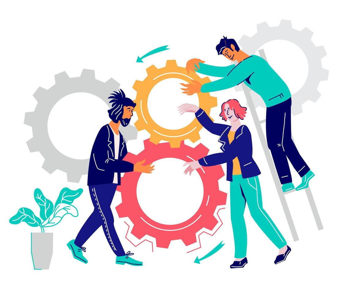 Business people cooperate to connect gears and find a solution. Teamwork and partnership metaphor with characters, colleagues or colleagues, flat cartoon vector illustration isolated.